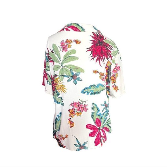 Japna Hawaiian Blouse Tie Waist White Pink Tropical Floral Short Sleeve Women S - Picture 2 of 8